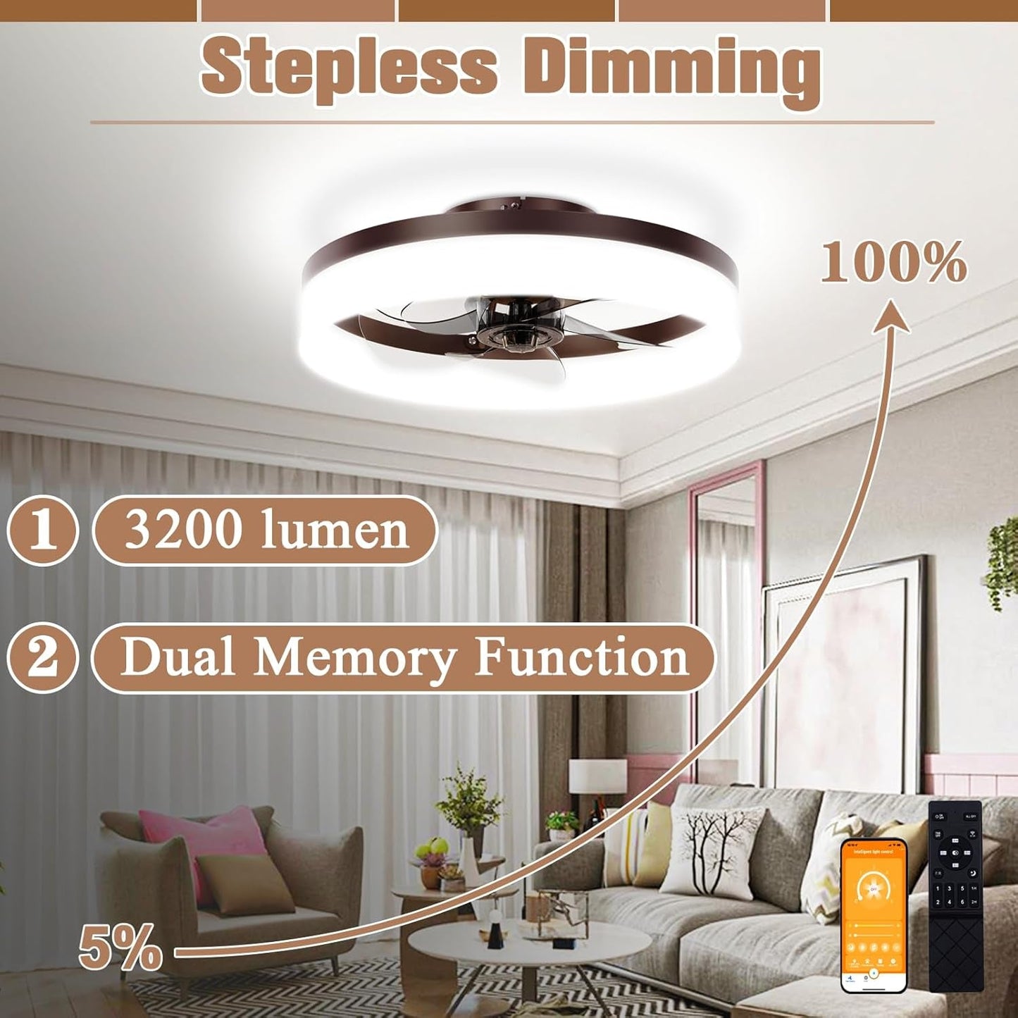 Brown Flush Mount Dimmable Bladeless Fan Light