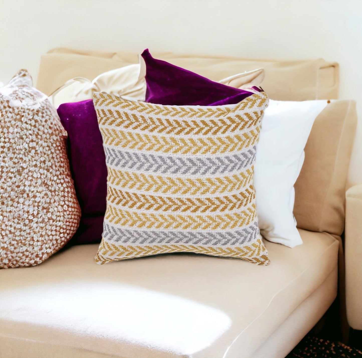 Set of Four 18" X 18" Yellow Beach Chevron Cotton Zippered Pillow