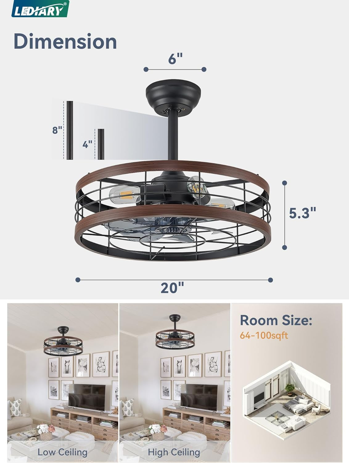 20 Inch Fandelier Caged Ceiling Fan with Light, Bladeless Ceiling Fan