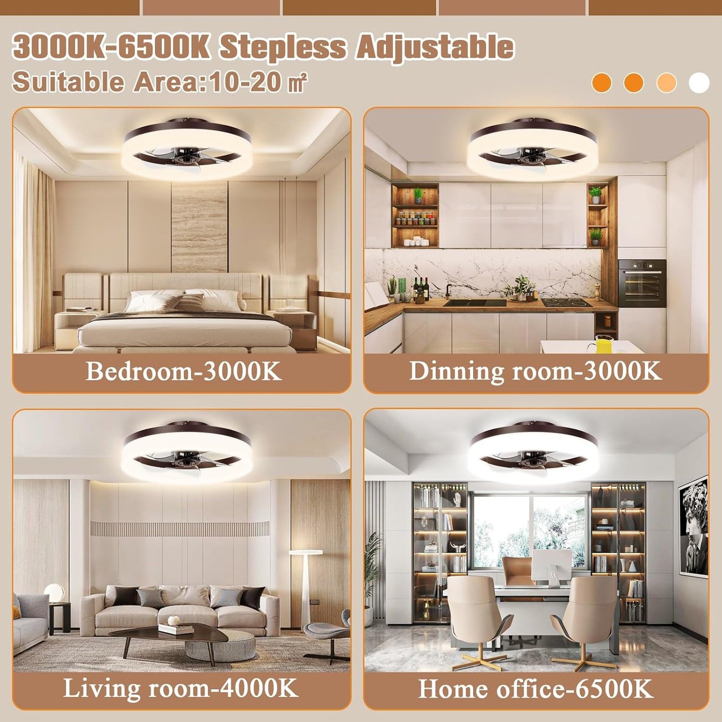 Brown Flush Mount Dimmable Bladeless Fan Light