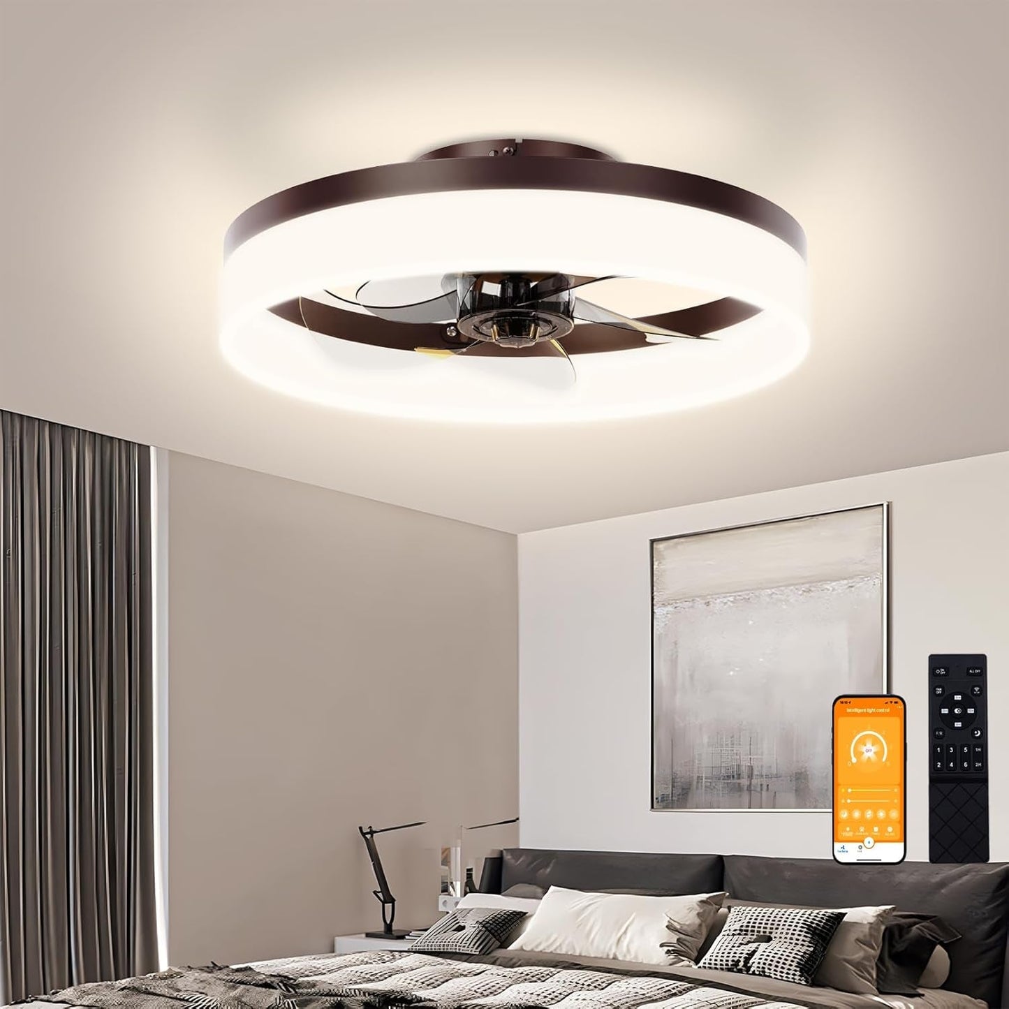 Brown Flush Mount Dimmable Bladeless Fan Light
