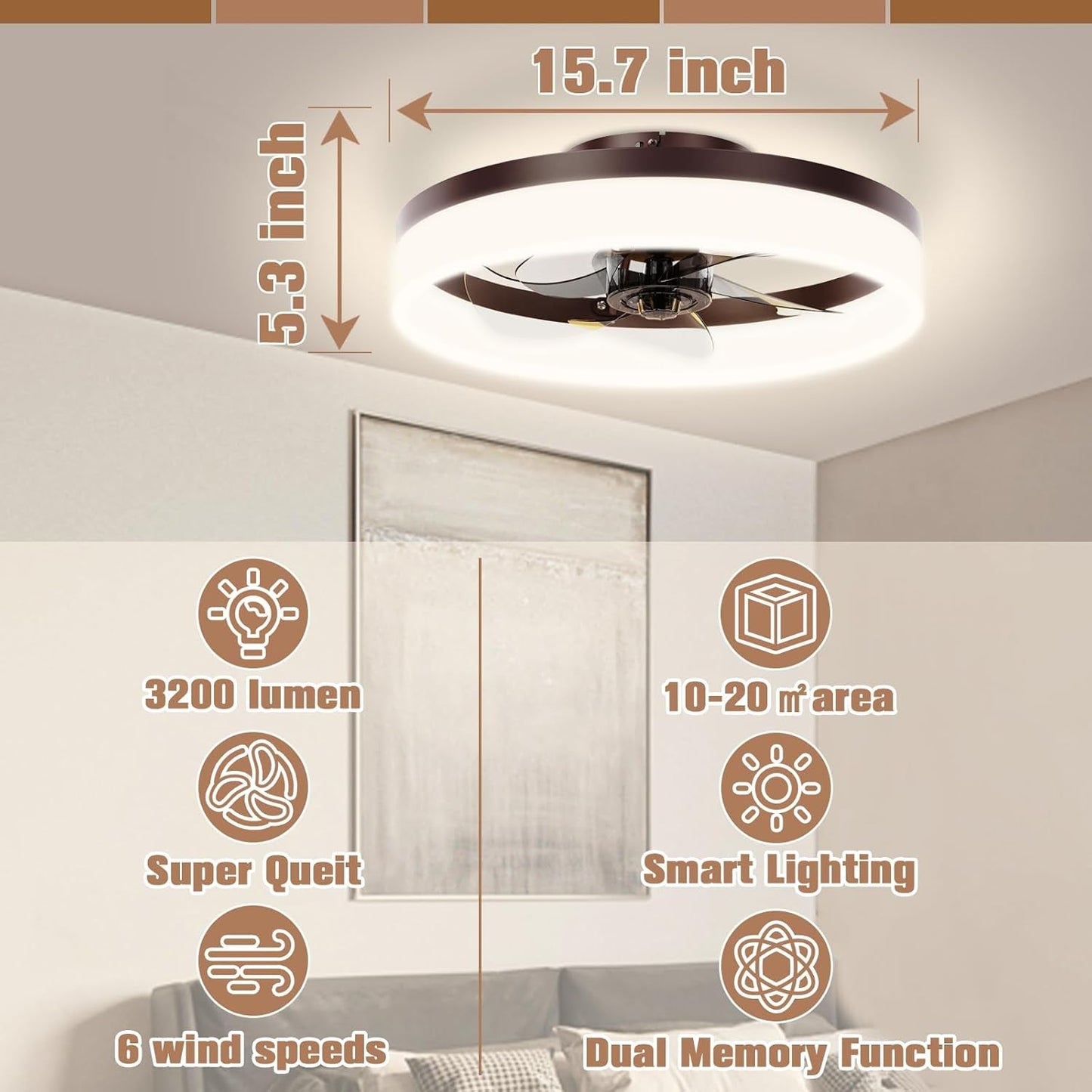 Brown Flush Mount Dimmable Bladeless Fan Light