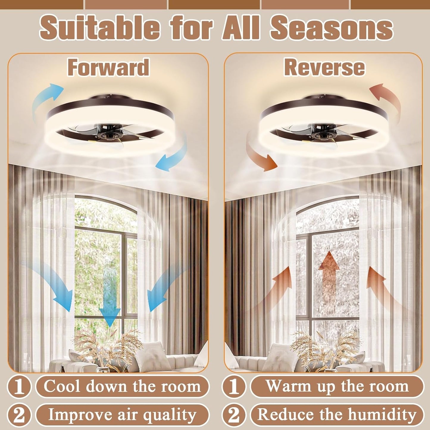 Brown Flush Mount Dimmable Bladeless Fan Light